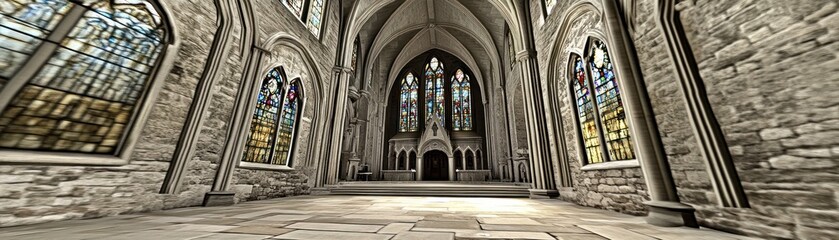 Fototapeta premium Stunning Interior View of a Grand Cathedral Featuring Colorful Stained Glass Windows