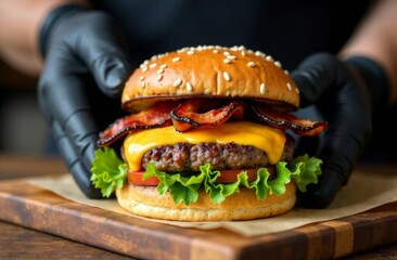 Close-up of hands in black gloves holding delicious, juicy burger with cheese and fresh toppings. Fast food. Concept of fast food, not healthy food