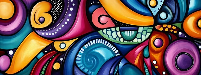 Obraz premium A colorful abstract artwork with a playful and whimsical style, filled with whimsical shapes and patterns.