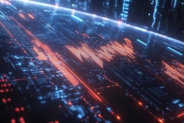 An AIgenerated world business chart with stock market and forex data, glowing lines and economic trends displayed in a sleek, futuristic digital design