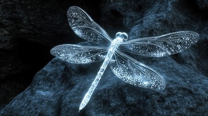 A luminous dragonfly perched on a dark surface, showcasing intricate details and glowing effects.