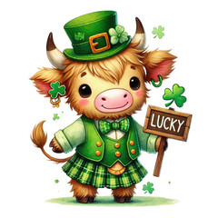 A cute cartoon cow dressed in festive green attire, holding a sign that says "LUCKY," adorned with clovers.
