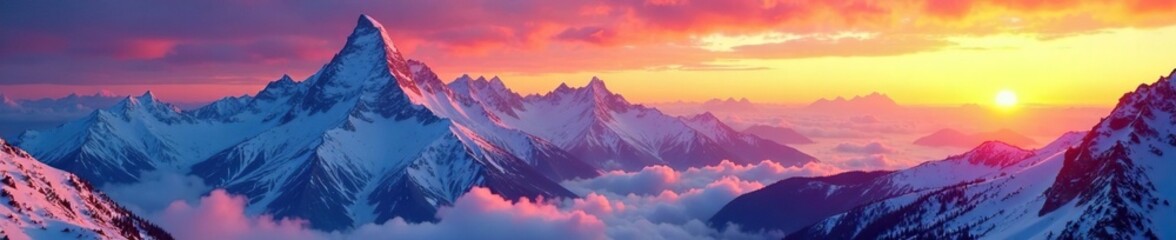Fototapeta premium Gentle snowfall on mountain peaks at serene sunset, serenity, vast