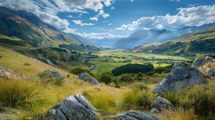Naklejka premium Breathtaking Scenic Landscape View of Rolling Green Hills and Valleys under a Dramatic Sky with Fluffy Clouds and Majestic Mountains in the Distance