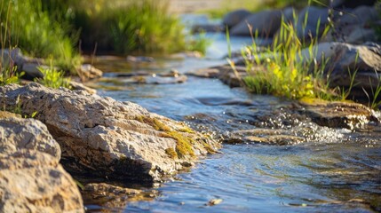 Gentle Stream Flowing Over Rocky Bed Surrounded by Lush Green Grass and Vibrant Sunshine, Setting a Serene Natural Landscape Scene in a Tranquil Environment