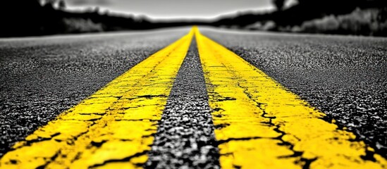 Yellow lines on asphalt road vanishing point.