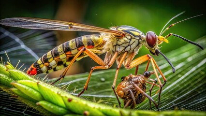 Naklejka premium Scorpion Fly Panorpa Communis Feeding Crane Fly Spiderweb Macro Photography