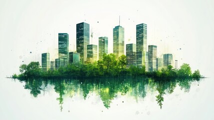 Obraz premium Eco-friendly city skyline reflected in water, surrounded by lush green trees.