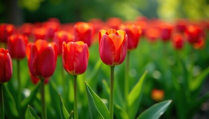 Fototapeta premium Lush green foliage and red tulips create a visually appealing scene, green, bloom, garden