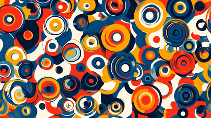 The image is a vibrant, abstract art piece featuring a multitude of overlapping circles in various sizes and colors, including shades of blue, red, orange, and yellow