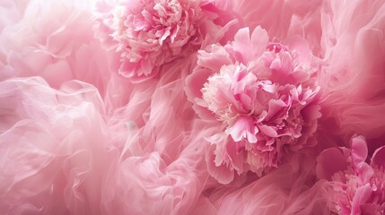 Fototapeta premium Delicate Pink Peony Flowers Surrounded by Soft Tulle Fabric, Creating a Dreamy and Romantic Atmosphere Perfect for Floral Arrangements or Event Decorations