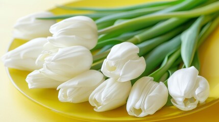 Fototapeta premium Elegant Arrangement of White Tulips on a Bright Yellow Plate with Fresh Green Stems for a Vibrant Floral Display and Spring Inspiration