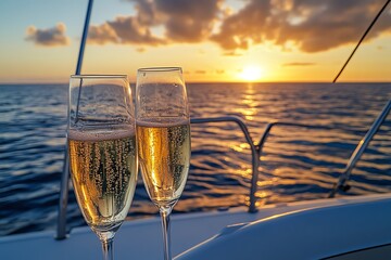 Obraz premium Closeup of champagne glasses clinking on a yacht, with a stunning sunset casting a golden glow on the sparkling wine and the calm ocean in the background
