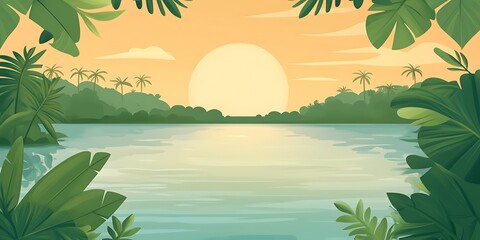 Tropical sunset lake, lush foliage, calm water, travel poster