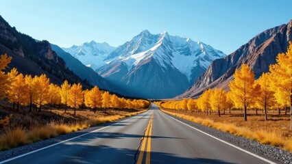 Fototapeta premium Autumnal Road Trip Through Majestic Mountains with Golden Trees