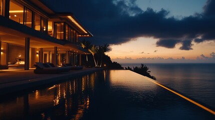 A luxurious villa at sunset with an infinity pool overlooking the ocean.