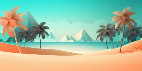 Obraz premium Serene Tropical Beachscape with Pyramids and Palm Trees under a Turquoise Sky