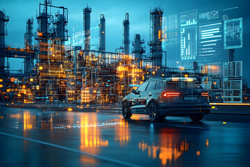 Fototapeta premium Autonomous vehicle, refinery, night, digital overlay, industry