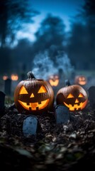Obraz premium Spooky Halloween Night Jack o lanterns Graveyard Cemetery Ghosts Horror