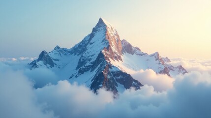 Fototapeta premium Majestic snow-capped peak emerging from a sea of clouds at dawn, a breathtaking panoramic view of serene winter landscape