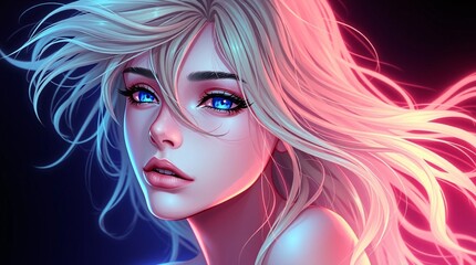 Digital artwork featuring a stunning young woman illuminated by vibrant lighting, creating a captivating and mysterious atmosphere