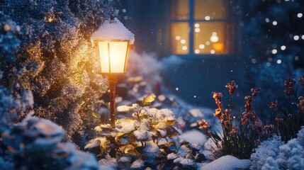 Snowy Winter Evening with Lamp and Snow-covered Plants