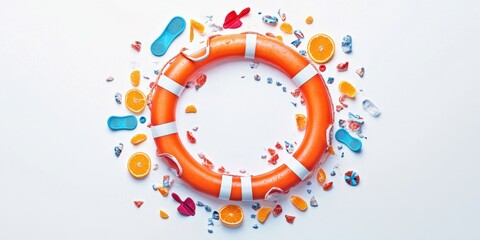 Summertime Fun: A Refreshing Orange Lifebuoy Surrounded by Summer Treats and Accessories