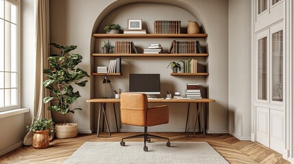 Fototapeta premium A Stylish and Modern Home Office for Virtual Presentations and Online Meetings: Perfect Zoom Background for Professional Engagements