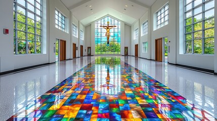 Chapel interior, colorful floor, stained glass, crucifix, reflection, tranquil, sunlight, modern architecture, peaceful worship
