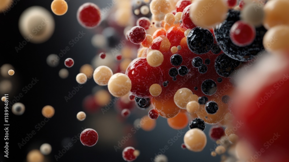 Fototapete Abstract Representation of Colorful Spheres in 3D, Showcasing a Dynamic Explosion of Energy, Motion, and Texture Against a Dark Background in Artistic Style