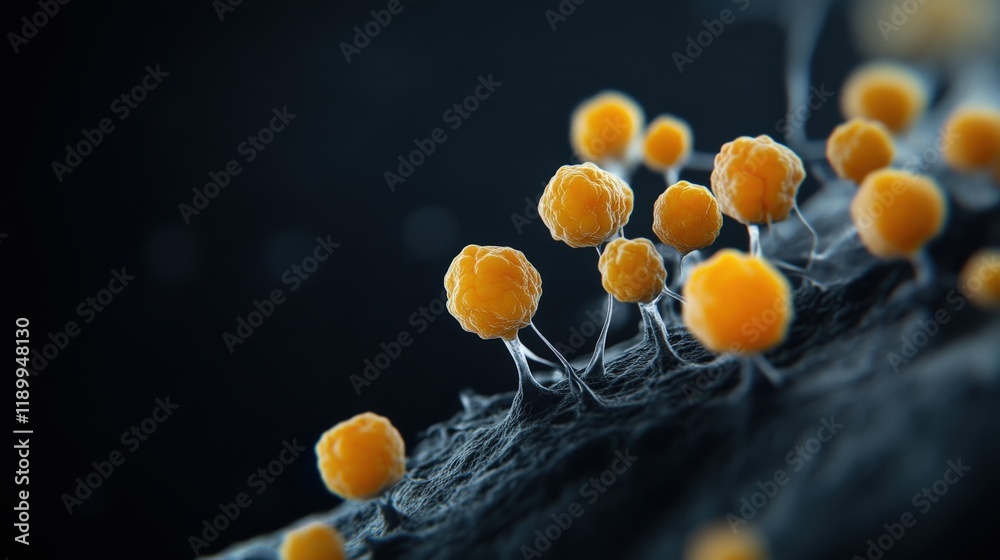 Aufkleber close-up view of yellow bacteria with hair-like structures on a dark background representing microbi