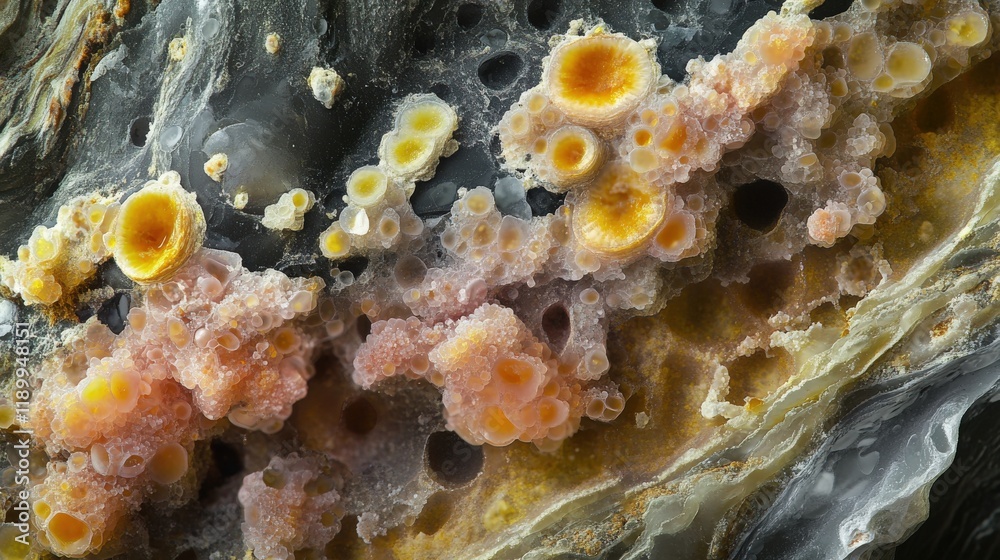 Poster Close-Up View of Colorful Mineral Display Highlighting Intricate Patterns and Unique Textures of Geodes, Crystals, and Natural Geological Forms in Vibrant Colors