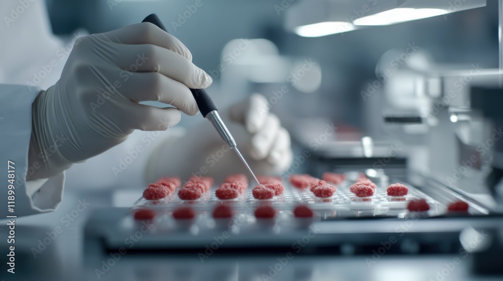 Poster laboratory research with red berries on petri dish, close-up of scientist hand holding pipette for s