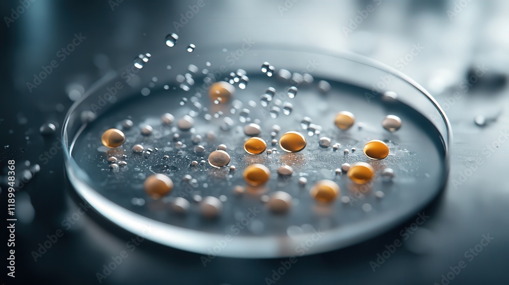 Poster droplets of liquid suspended in a petri dish on a dark surface capturing the beauty of science and e