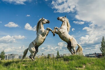 Fototapeta premium two stallions are playing on summer field, rearing horse with generative ai