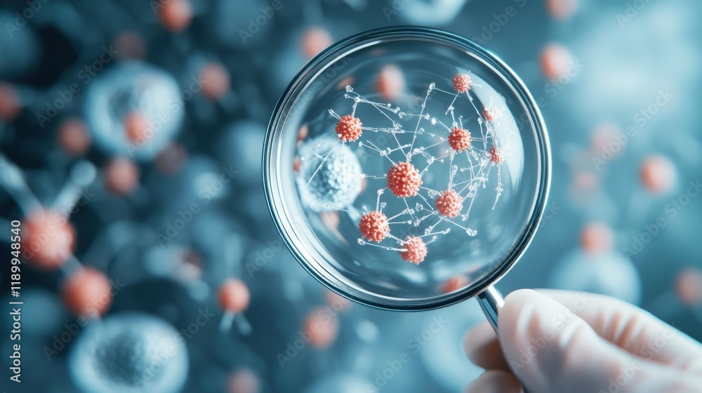 Poster Close-Up View of Microscopic Particles in a Lab Environment Showing Interaction Through a Magnifying Glass, Representing Scientific Research and Innovative Discoveries