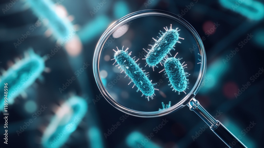 Poster Detailed Close-Up of Bacteria Under Magnification Showing Unique Structure and Vibrant Colors with a Scientific Background for Microbiology Research and Education Use