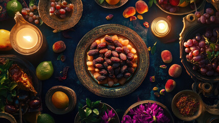Traditional Ramadan table with dates, fruits, and candlelight, creating a festive and spiritual ambiance