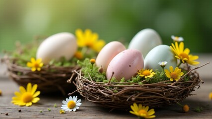 Obraz premium Natural Easter eggs resting in rustic nests made of twigs and moss, surrounded by wildflowers. A serene and earthy design perfect for rustic décor or Easter photography.