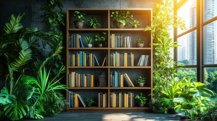 A Stylish and Relaxing Virtual Meeting Room Background Featuring a Lush Bookshelf and Indoor Plants for Online Presentations