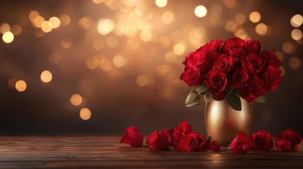 Elegant Arrangement of Red Roses in Gold Trimmed Vase on Wooden Table
