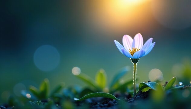 Soft focus of a cloudy moonbeam illuminating a small, pale blue flower, moonbeam, dew