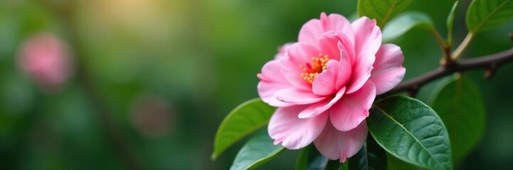 Fototapeta premium Soft pink camellia flower with glossy leaves on a tree branch, nature, camellias