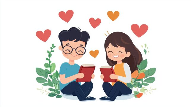 Cartoon Style of a Pair Sitting and Reading with Love Symbols Around Them