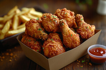 Golden, crispy fried chicken pieces, perfectly coated, showing crunchy, textured skin glistening, arranged neatly in a cardboard takeout box, with dipping sauce and a side of fries.
