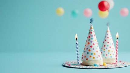 Birthday party decorations with caps, blowers, and candles set against a blue background