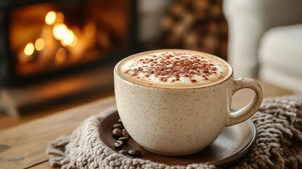 Warm cappuccino in cozy setting near fireplace.