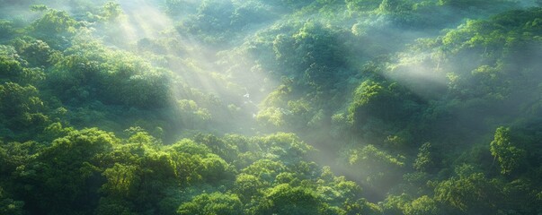 Fototapeta premium Sunlight Filtering Through Lush Forest Canopy, Creating Ethereal Atmosphere