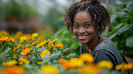 "Garden's Joy: Where Natural Beauty Blooms Among Marigolds, Authentic Smiles Dance with Golden Petals, and Pure Happiness Grows in Every Moment Captured in Nature's Canvas"