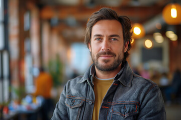 "Urban Gentleman: Where Rustic Denim Meets Modern Style, Confident Eyes Tell Tales of Success, and Warm Lights Paint Stories of Contemporary Masculinity in City Life"